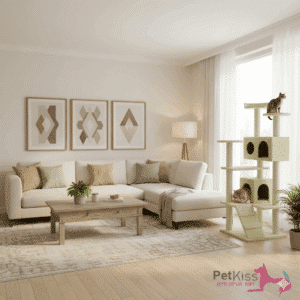 מתקן גירוד לחתולים בגובה 1.3 מטר עם שני בתים סגורים, מדפים מרופדים, עמודי סיסל ומשטח טיפוס – יציב, נוח ומעוצב.