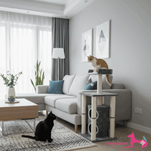 מתקן גירוד לחתולים עם בית כפול, מדפים מרופדים וצעצוע תלוי – גובה 1.22 מטר ובסיס יציב 45×45 ס"מ. פתרון אידיאלי לגירוד, טיפוס ונוחות.