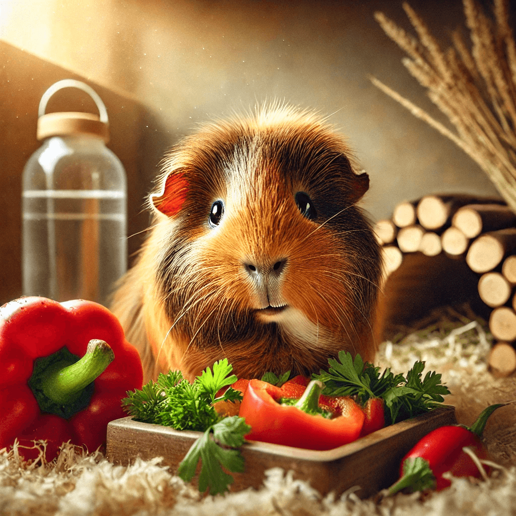 A highly realistic, heartwarming portrait of a healthy, vibrant guinea pig enjoying fresh vegetables in a cozy home setting.