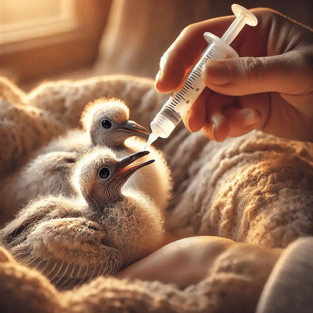 A tender and intimate close-up photograph of two healthy baby doves being gently hand-fed. The scene captures a heartwarming moment of care