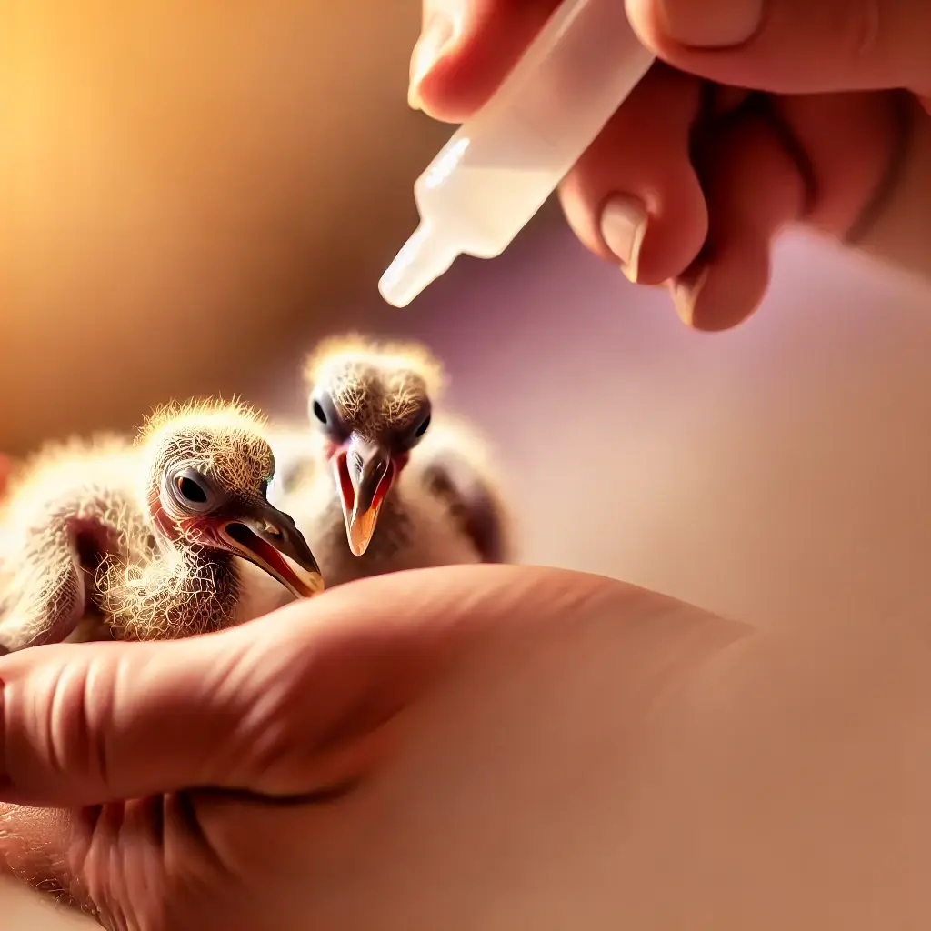 close-up photographs of baby doves being hand-fed