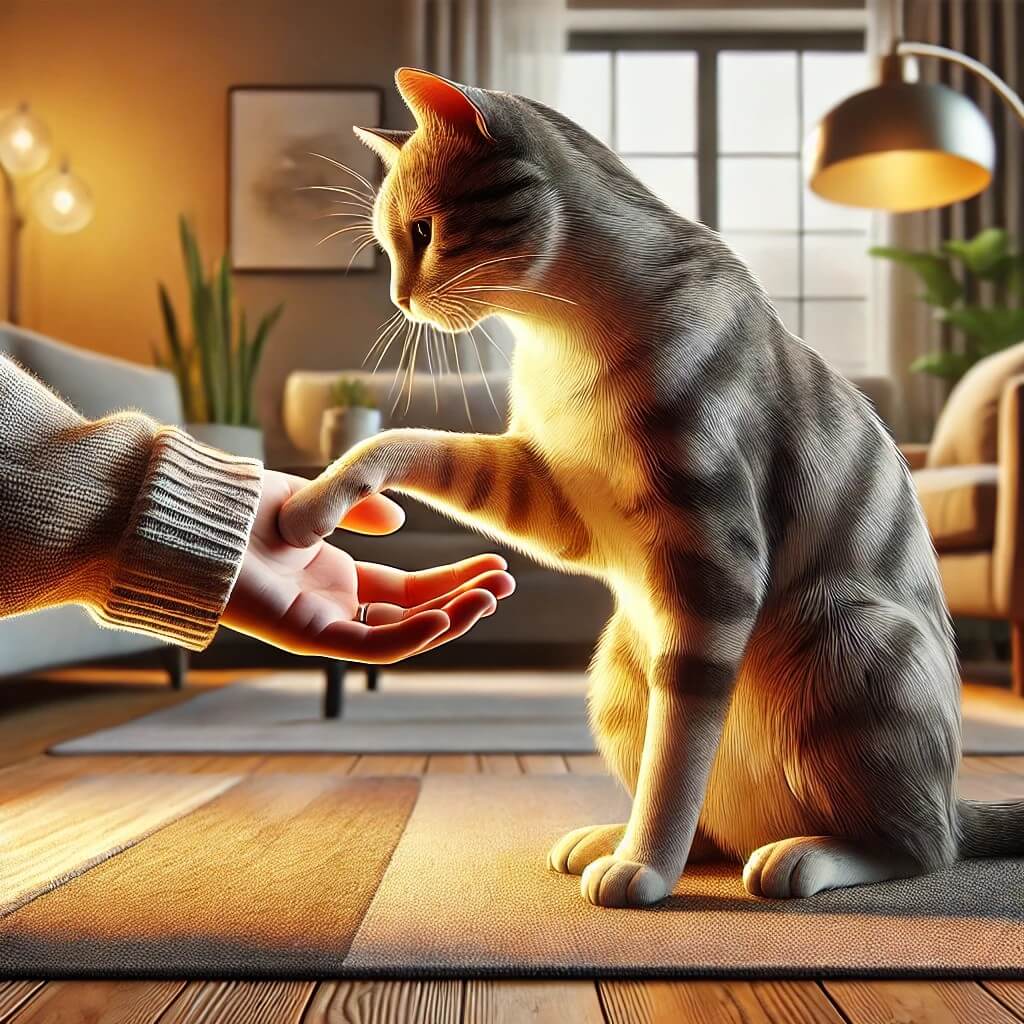 A cozy scene of a cat affectionately rubbing against its owner's hand in a softly lit home environment, showcasing a tender bond between them.