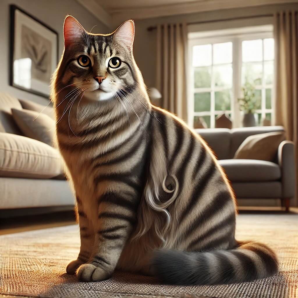 איור דיגיטלי ריאליסטי של חתול טאבי יושב בחינניות בסלון נעים עם סימני טאבי קלאסיים ועיצוב ביתי חמים.