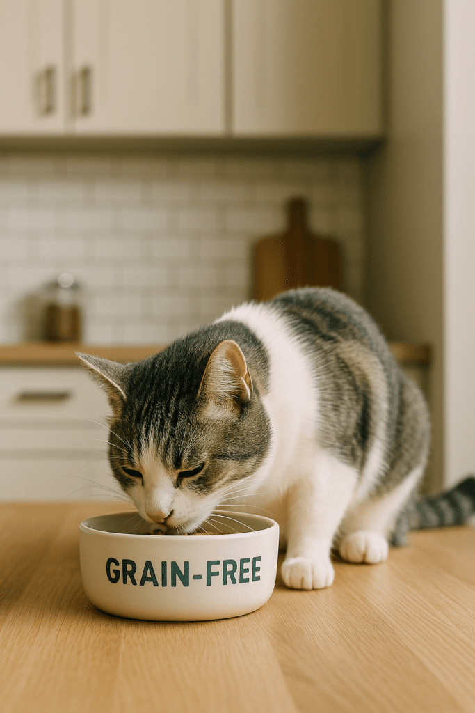 חתול נהנה ממזון מופחת דגנים במטבח ביתי
