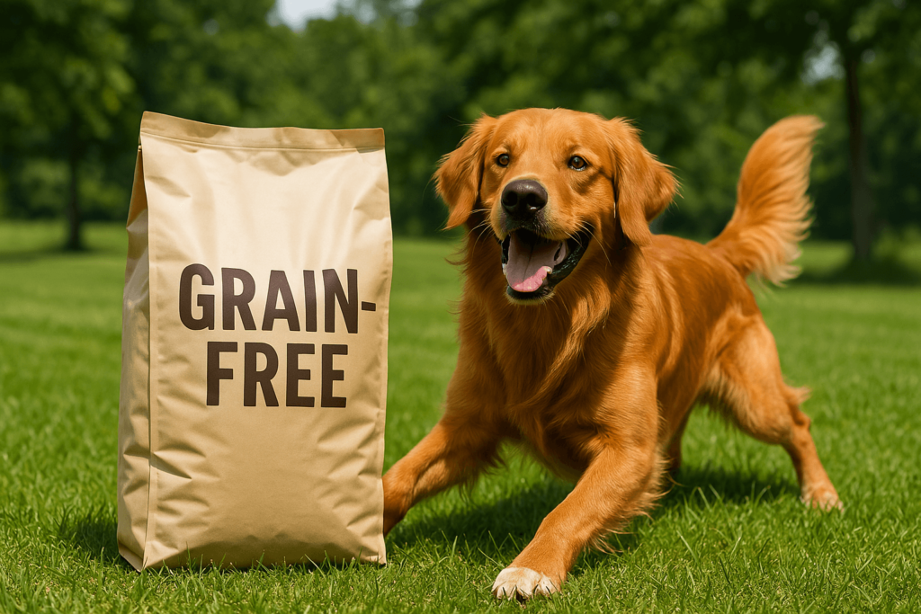 כלב בריא ופעיל ליד מזון מופחת דגנים