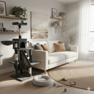 מתקן גירוד רב קומות לחתולים עם בית מרופד, פלטפורמות טיפוס ועמודי סיסל טבעי