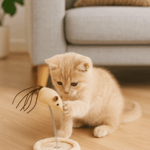 צעצוע עכבר קפיצי לחתולים עם בסיס גירוד – גובה 23 ס"מ