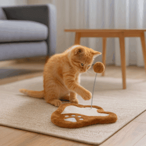 צעצוע חתולים עם כדור קפיצי על בסיס גירוד בצורת כף רגל, מונח בפינת סלון אלגנטית, חתלתול קטן משחק בכדור הקפיצי.