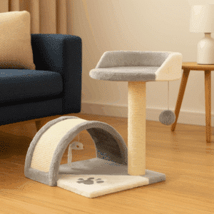 מתקן גירוד קטן לחתולים עם קשת גירוד ומיטה עליונה – גובה 43 ס"מ