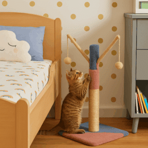 חתול משחק במתקן גירוד עם צעצועים תלויים