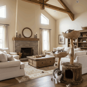 מתקן גירוד ומנוחה לחתולים עם שני סלים קלועים ובית פרוותי, ממוקם לצד אח כפרי בסלון. שני חתולים נהנים מהמתקן – אחד שוכב בסל העליון והשני בודק את הבית התחתון המרופד בפרווה.