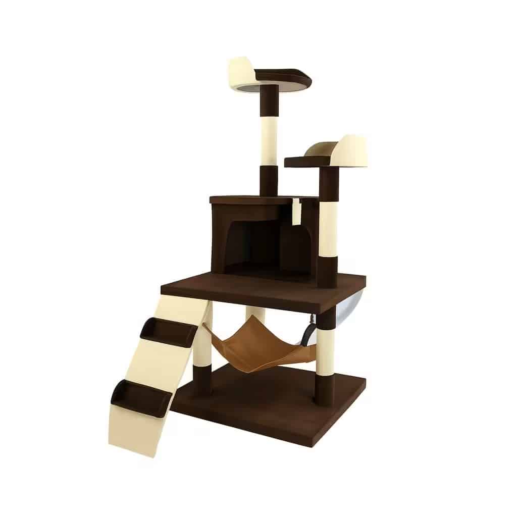 מתקן גירוד לחתול בגובה 112 ס״מ בצבע חום‑בז׳ עם בית וערסל