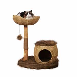 מתקן גירוד לחתול מעץ מלא עם שני מפלסים, בית קש ועמוד גירוד עטוף חבל סיזל טבעי