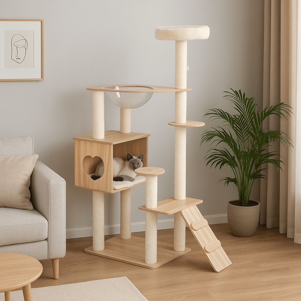 מתקן גירוד לחתולים דגם יונתן בגובה 1.37 מטר, מוצב בסלון ליד קיר, כולל ביתון עץ, קערת תצפית שקופה ועמודי גירוד.