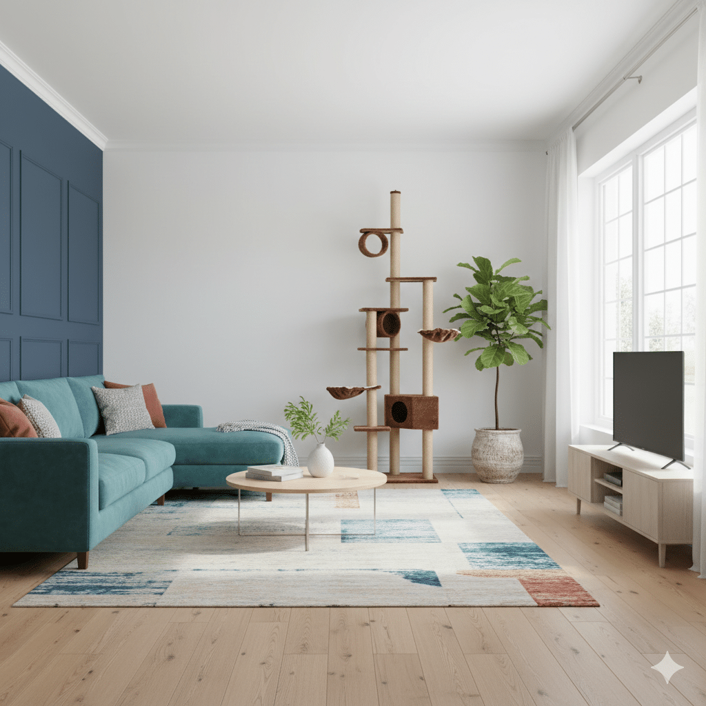 מתקן גירוד לחתולים בגובה 2.4 מטר עם מפלסים מרופדים, ערסלים ועמודי גירוד חזקים