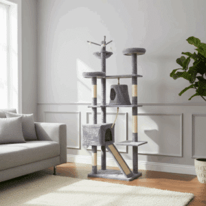 מתקן גירוד לחתול בגובה 1.9 מטר עם בסיס יציב ועמודי גירוד חזקים