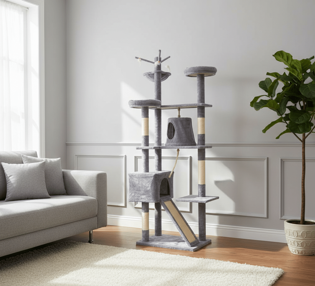 מתקן גירוד לחתול בגובה 1.9 מטר עם בסיס יציב ועמודי גירוד חזקים