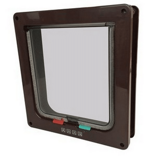 דלת לחתול גדולה תוצרת M-PETS בצבע חום, עם מסגרת עומק להתקנה ומנגנון נעילה בארבעה מצבים.